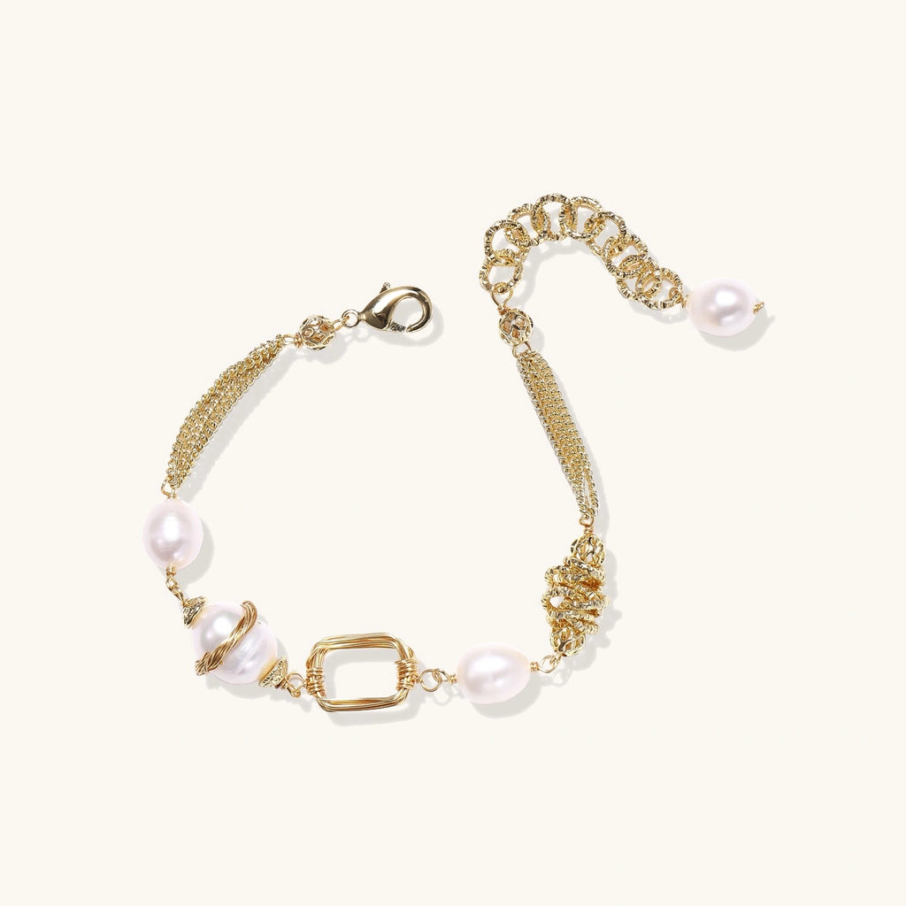 Golden Pearl Chain Bracelet on a plain white background