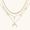 Golden Crescent Layer Set gold layered necklace with moon pendant on white background