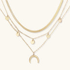 Golden Crescent Layer Set gold layered necklace with moon pendant on white background